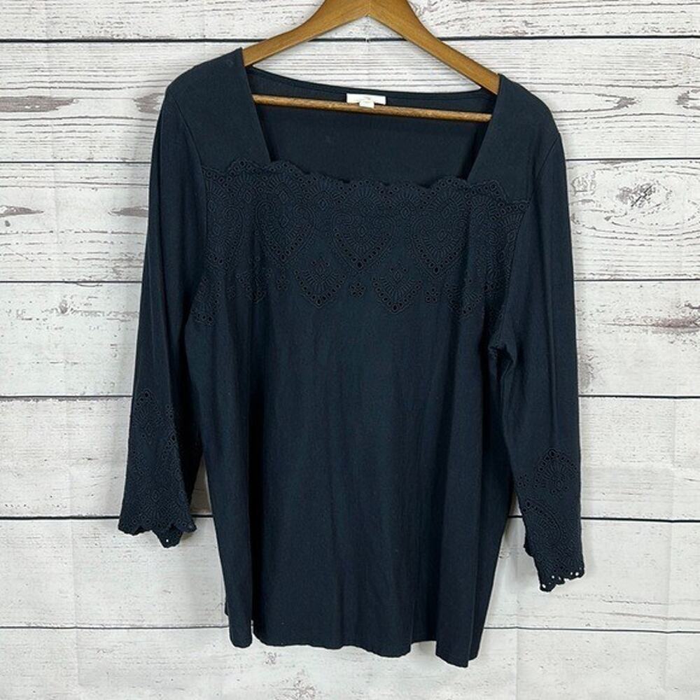 J Jill Top Shirt Womens Large Blue Navy Eyelit Nautical Coastal Preppy